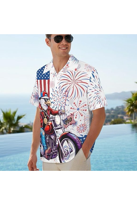 Hawaiian Shirt for Men Patriotic Eagle Motorcycle Fireworks American Flag Button Down
