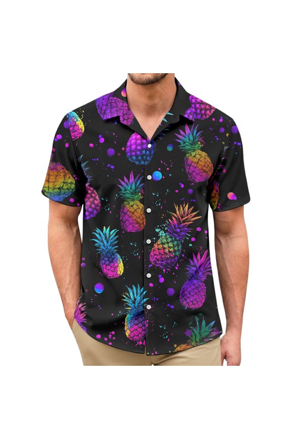 Hawaiian Shirt for Men Pineapple Lapel Button Down Short Sleeve Beach Shirts Summer Tops Daily Wear polite