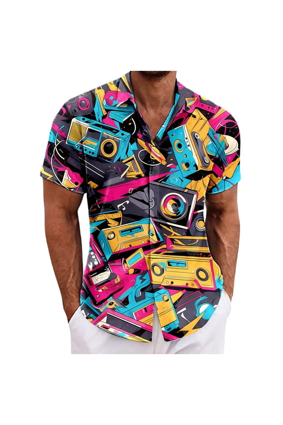 Hawaiian Shirt for Men Short Sleeve 80s Style Print Vintage Lapel Beach Summer Shirt Multicolour S