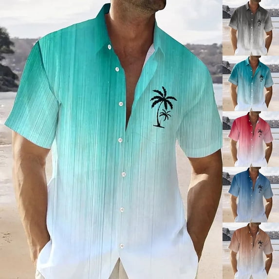 Hawaiian Shirt for Men Short Sleeve Gradient Palm Tree Print Button Down Beach Shirt Mint Green XXXL
