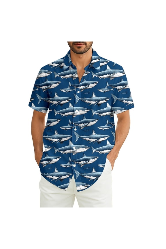 Hawaiian Shirt for Men Short Sleeve Shark Print Lapel Casual Beach Summer Button Down Top Blue XXXXXL
