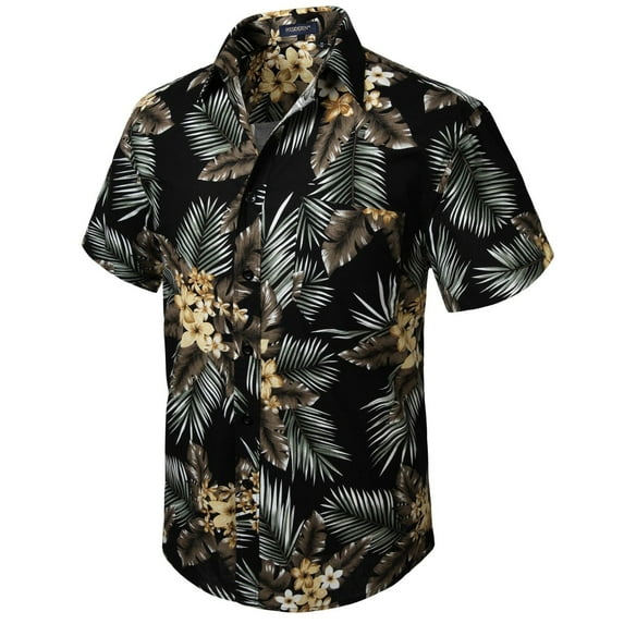 Hawaiian Shirt for Men, Short Sleeve Shirt Button Down Aloha Shirts Beach Floral Shirt Black Palm M