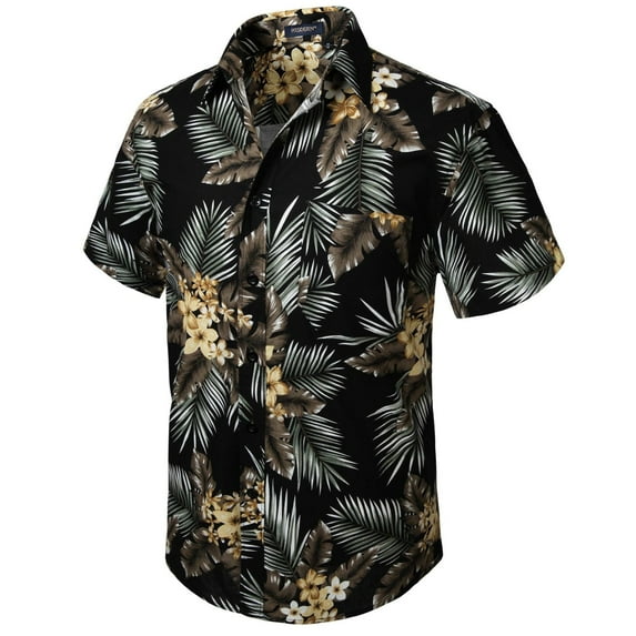 Hawaiian Shirt for Men, Short Sleeve Shirts Button Down Aloha Shirt Beach Floral Shirts Black Palm XL