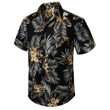 Hawaiian Shirt for Men, Short Sleeve Shirts Button Down Aloha Shirt Beach Floral Shirts Black Palm XL