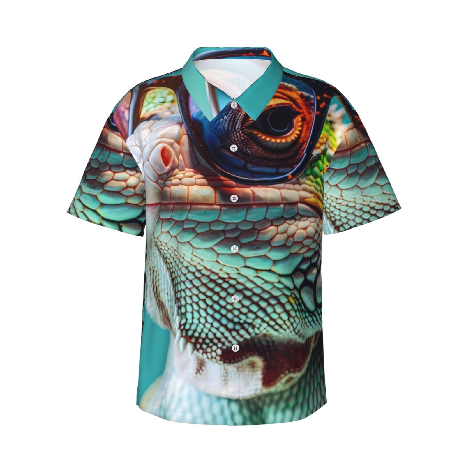 Hawaiian Shirt for Men - Stylish Sunglasses Iguana Casual Summer Beach ... - Green Iguana Short Sleeve Plan