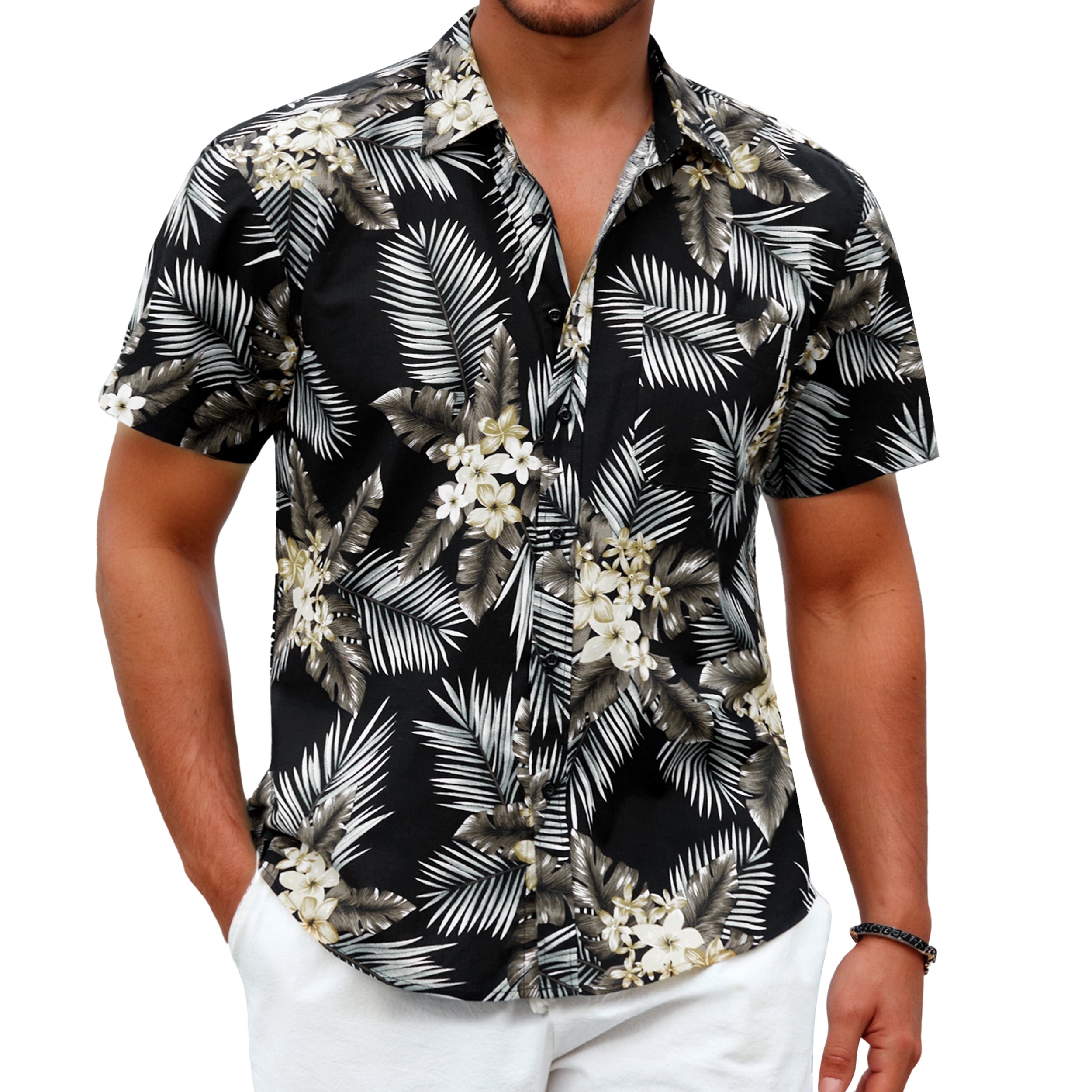 Hawaiian Shirt for Men,Summer Beach Short Sleeve Button Down Shirts Black Palm Clothing