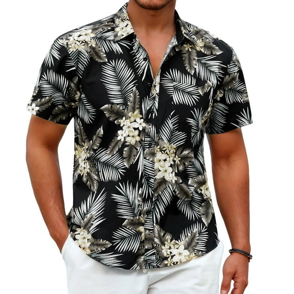 Sumtumn Hawaiian Shirt for Men,Summer Beach Short Sleeve Button Down Shirts Black Palm Clothing