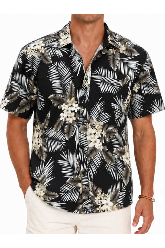 Hawaiian Shirt for Men,Summer Beach Short Sleeve Button Down Shirts Black Palm Clothing