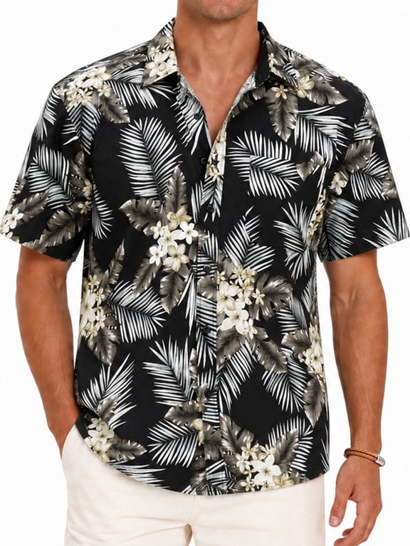Hawaiian Shirt for Men,Summer Beach Short Sleeve Button Down Shirts Black Palm Clothing