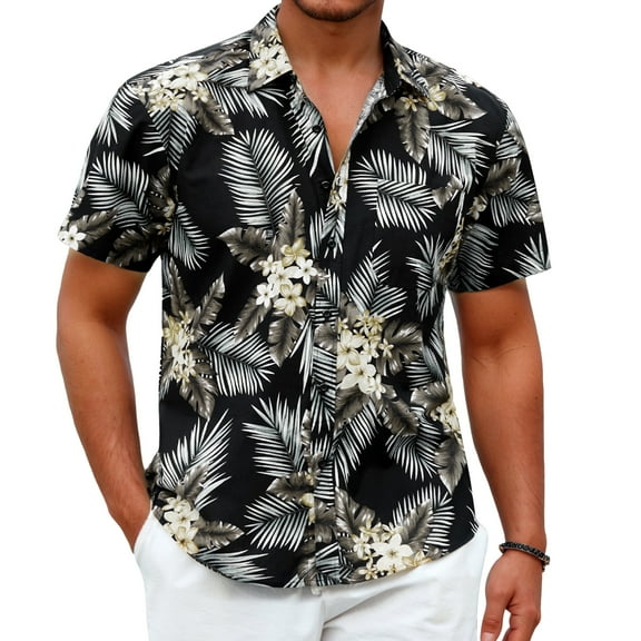 Sumtumn Hawaiian Shirt for Men,Summer Beach Short Sleeve Button Down Shirts Black Palm Clothing