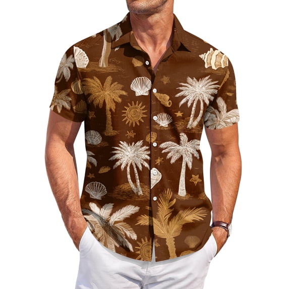 Hawaiian Shirt for Men Summer Big and Tall Tropical Print Mens Button Down Short Sleeve Shirt Trendy Holiday Beach T Shirts Brown L