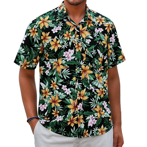 Sumtumn Hawaiian Shirt for Men Summer Short Sleeve Beach Shirt Black Golden Floral Tropical Shirts
