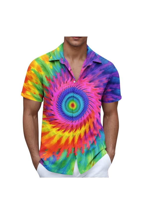 Hawaiian Shirt for Men Summer Tie Dye Hippie Rainbow Short Sleeve Shirts Button Down Lapel Beach Holiday Shirts