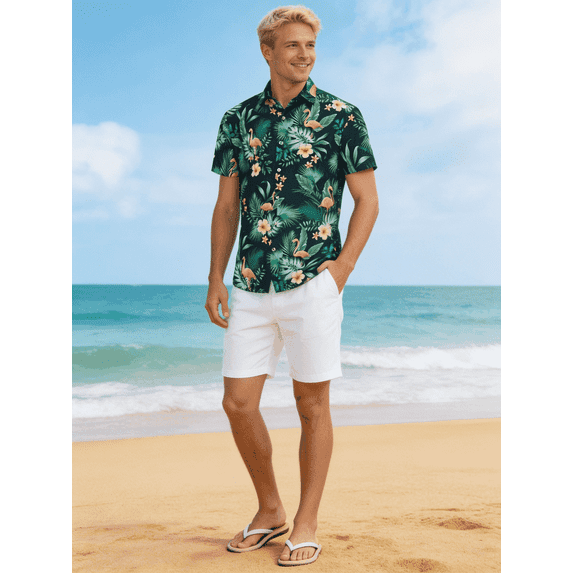 Men's Flamingo Tropical Palm Leaf Print Short Sleeve Button Down Hawaiian Shirt, Casual Summer Beach Aloha Vacation Shirts Suitable for summer beach outings
