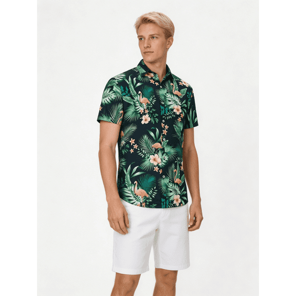 Men's Flamingo Tropical Palm Leaf Print Short Sleeve Button Down Hawaiian Shirt, Casual Summer Beach Aloha Vacation Shirts Suitable for summer beach outings
