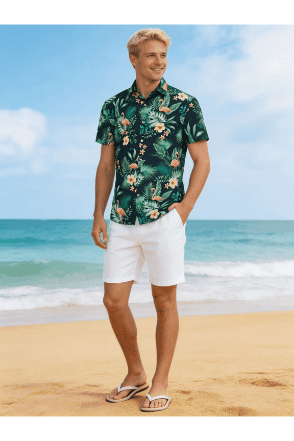 Men's Flamingo Tropical Palm Leaf Print Short Sleeve Button Down Hawaiian Shirt, Casual Summer Beach Aloha Vacation Shirts Suitable for summer beach outings