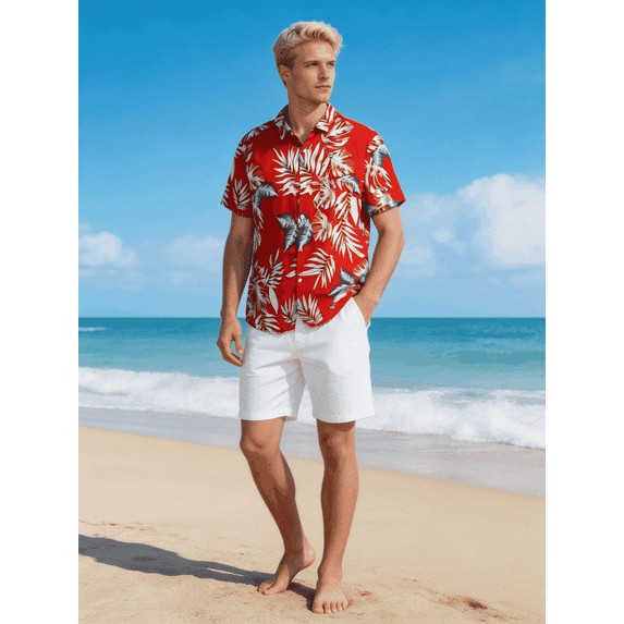 Men's Red Tropical Palm Leaf Print Short Sleeve Button Down Hawaiian Shirt, Casual Summer Beach Aloha Vacation Shirts Suitable for summer beach outings
