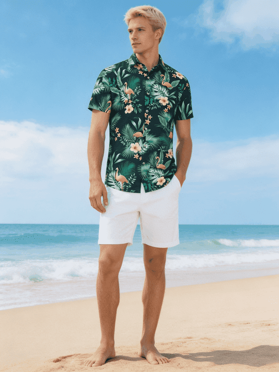 Men's Flamingo Tropical Palm Leaf Print Short Sleeve Button Down Hawaiian Shirt, Casual Summer Beach Aloha Vacation Shirts Suitable for summer beach outings