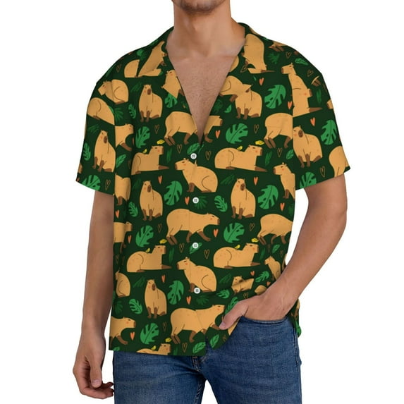 Hawaiian Shirt for Men - Vegetation Capybara Short Sleeve Button Down Casual Cuban Shirts for Men and Boys