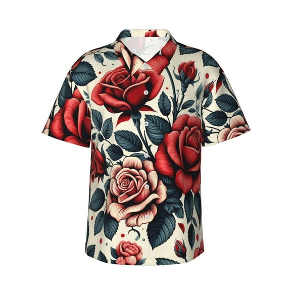 Hawaiian Shirt for Men, Vintage Rose Floral Garden Summer Shirts for Men, Mens Button Down Short Sleeve Shirt