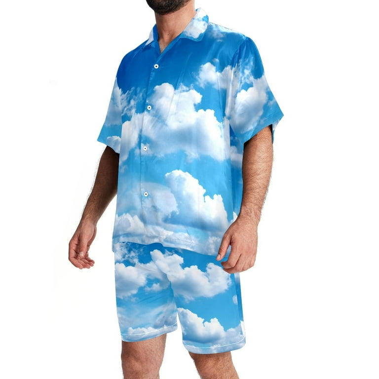 Men's blue sky and white clouds short-sleeved offers shirt