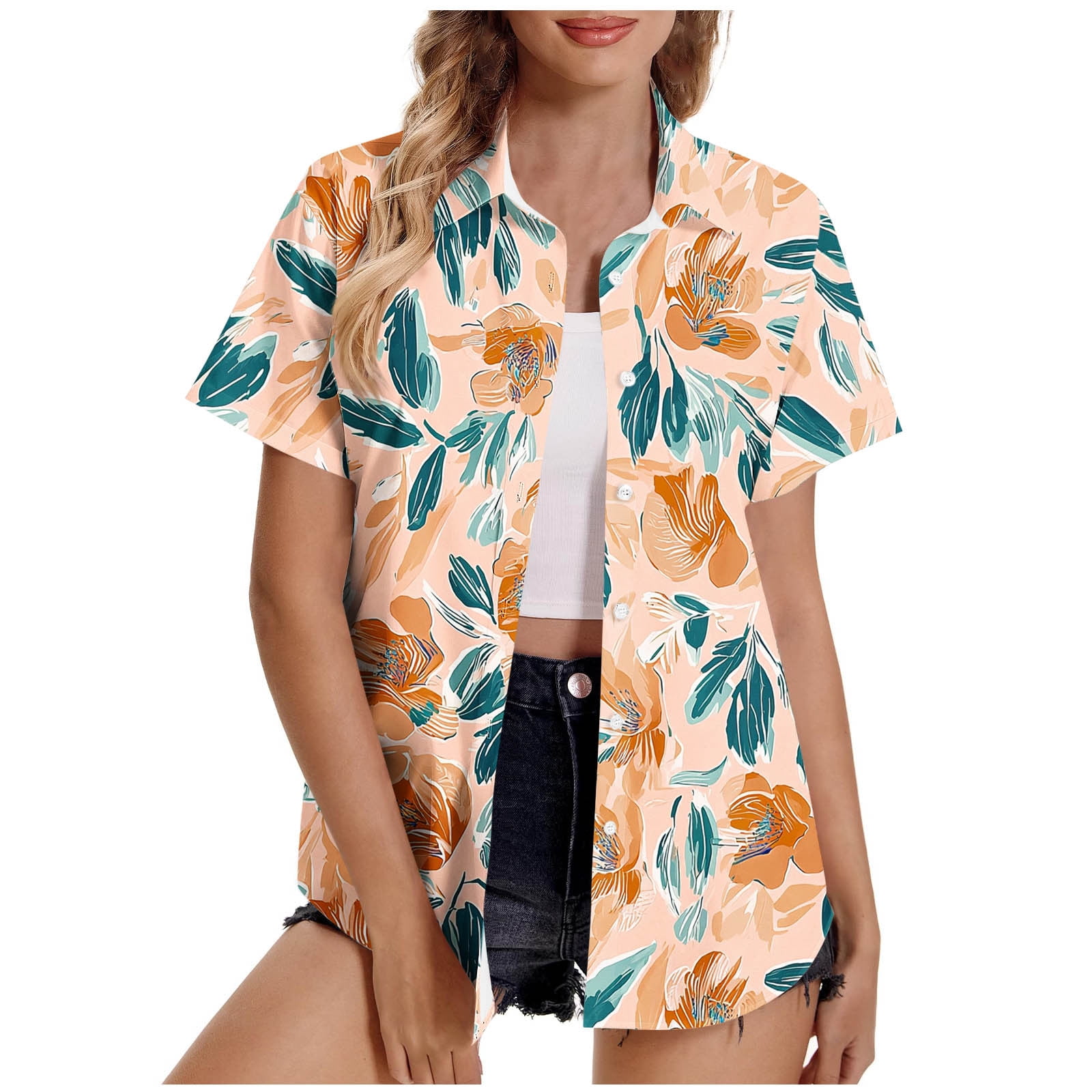 Hawaiian Shirt for Women Button Down Floral Print Short Sleeve Vacation ...