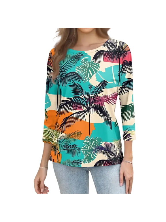 Hawaiian Shirt for Women,Floral Graphic Blouse 3/4 Sleeve Crew-neck Tshirt Summer Beach Tops Casual Tees summer Holiday Top