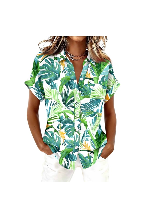 Hawaiian Shirt for Women Short Sleeve Tropical Print Button Down Shirt Business Casual Work Tops