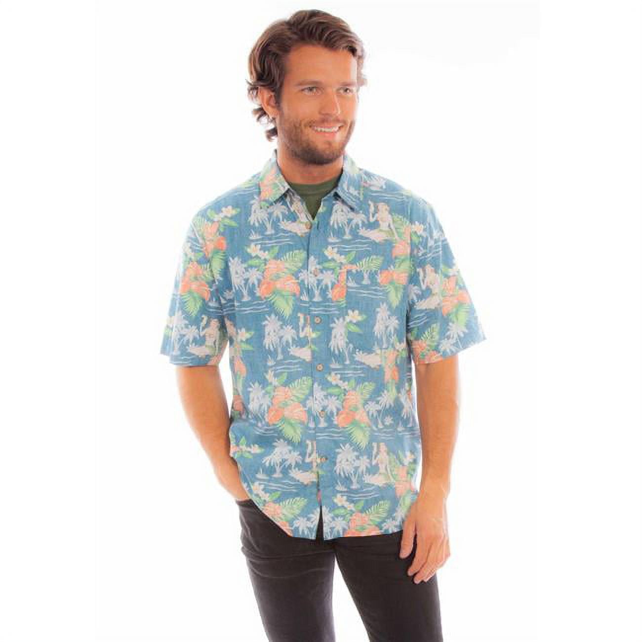 Hawaiian Shirt with Coconuts & Hula Girls on Floral Print, Blue Extra