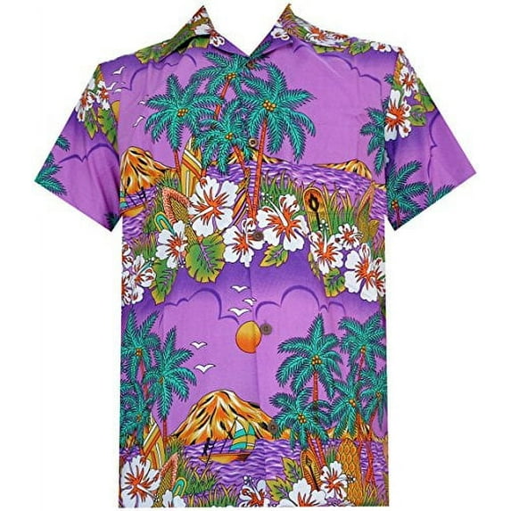 Hawaiian Shirts 44 Mens Floral Scenic Print Beach Aloha Party Camp Purple M