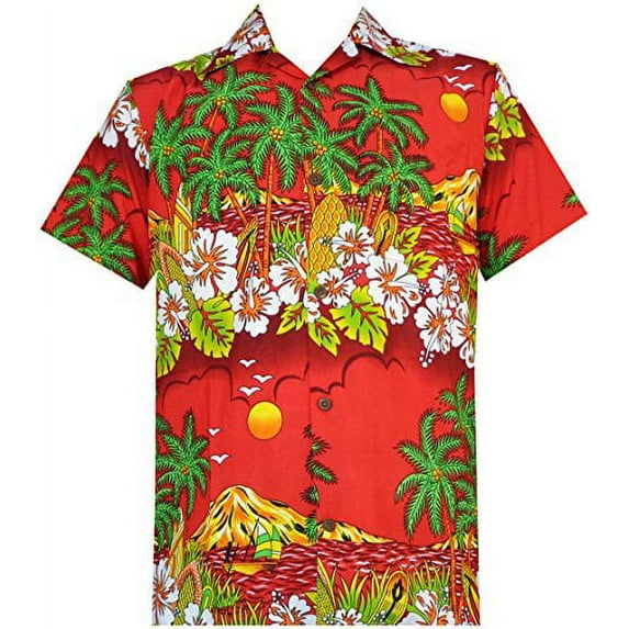Hawaiian Shirts 44 Mens Floral Scenic Print Beach Aloha Party Camp Red XL