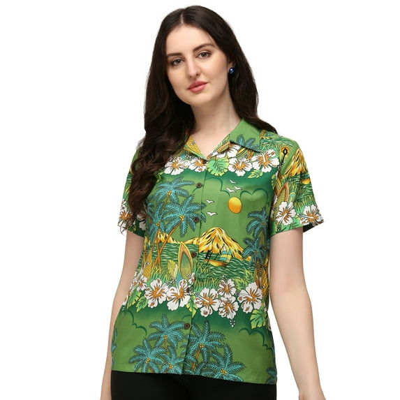 Hawaiian Shirts 44W Womens Floral Scenic Beach Aloha Top Blouse Green L