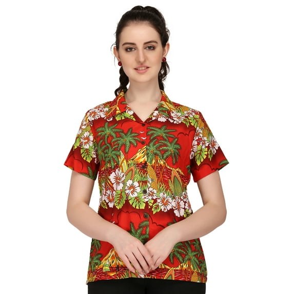 Hawaiian Shirts 44W Womens Floral Scenic Beach Aloha Top Blouse Red XS