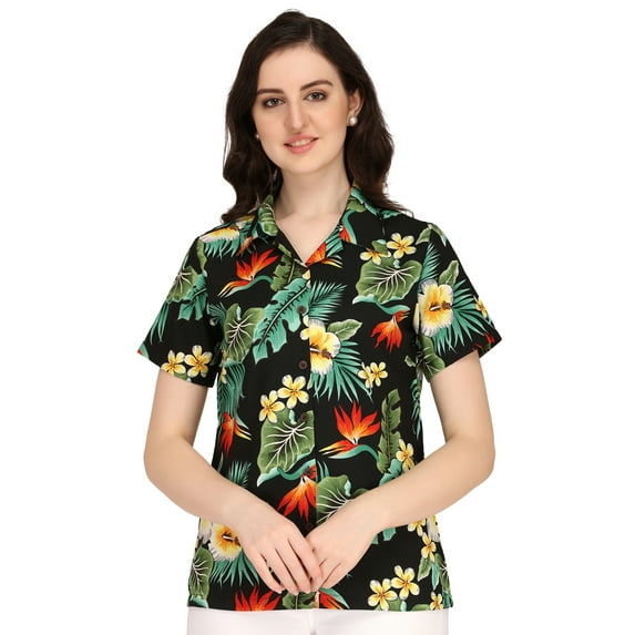 Hawaiian Shirts 46W Womens Flower Leaf Beach Aloha Top Blouse Black L