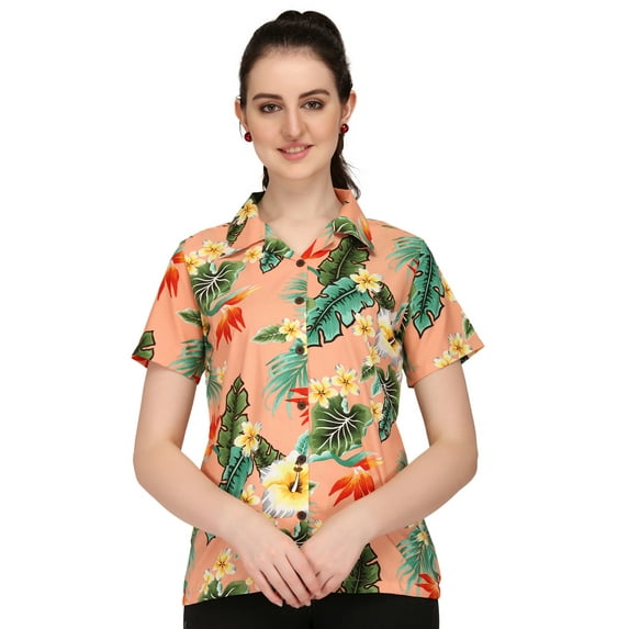 Hawaiian Shirts 46W Womens Flower Leaf Beach Aloha Top Blouse Peach L