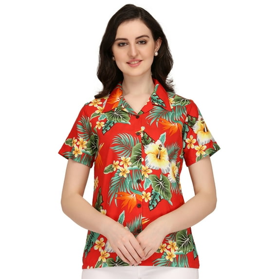 Hawaiian Shirts 46W Womens Flower Leaf Beach Aloha Top Blouse Red M