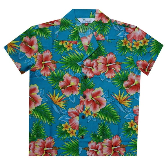 Hawaiian Shirts 47B Boys Allover Flower Beach Aloha Holiday Casual Turquoise M