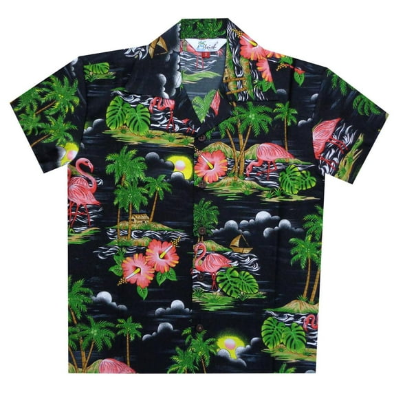 Hawaiian Shirts 48B Boys Scenic Flamingo Beach Aloha Holiday Casual Black M
