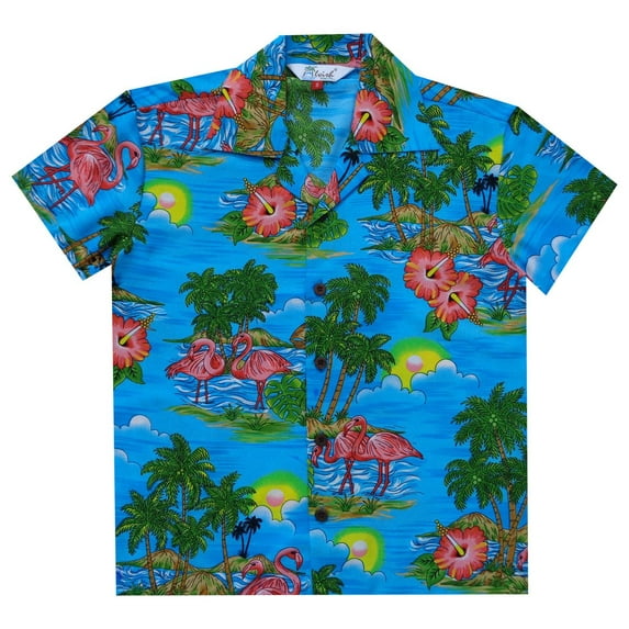Hawaiian Shirts 48B Boys Scenic Flamingo Beach Aloha Holiday Casual Sky Blue M