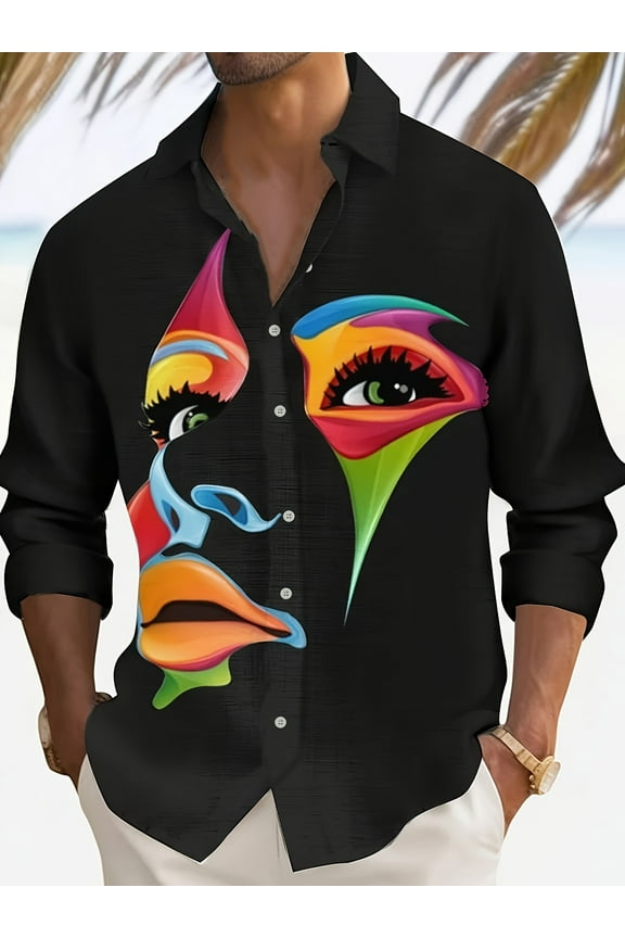 Hawaiian Shirts for Men Personalized Fashion Lapel Button Up Long Sleeve Shirt Formal Long Sleeve Shirt Cycling T Shirts for Men Fancy Dress Shirts Men Black M