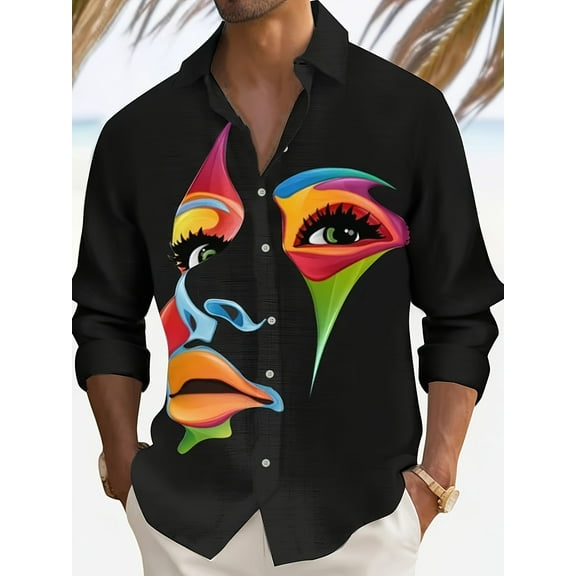 Hawaiian Shirts for Men Personalized Fashion Lapel Button Up Long Sleeve Shirt Formal Long Sleeve Shirt Cycling T Shirts for Men Fancy Dress Shirts Men Black XXL