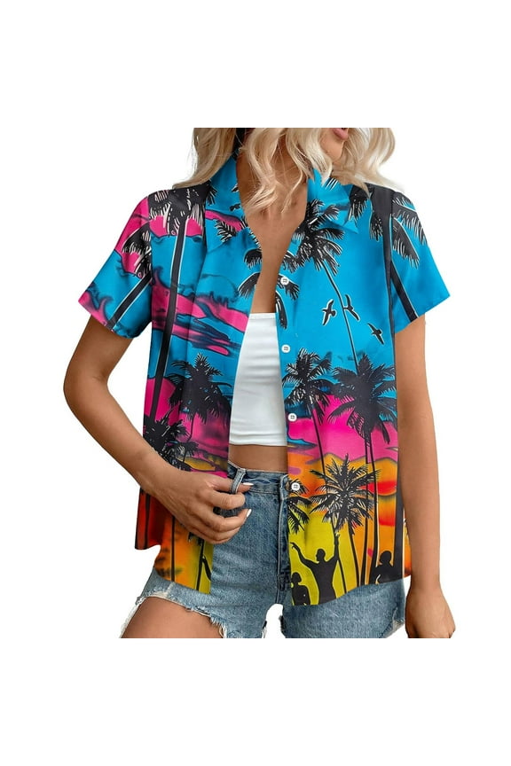 Hawaiian Shirts for Women Basic Collared Tee Shirt Coconut Palm Hawaii Style Tunic Blouses Button Down Short Sleeve Blouses Summer Beach Shirt Tropical Shirts Loose Flowy Cardigan