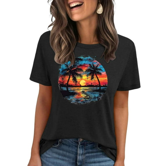 Hawaiian Shirts Women Palm Trees Beach Graphic Tees Tops Polyester Summer Vacation Short Sleeve Crew Neck T-Shirts
