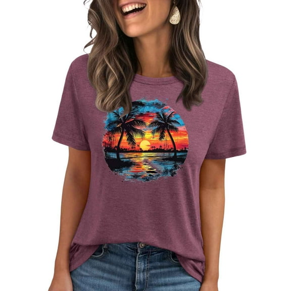 Hawaiian Shirts Women Palm Trees Beach Graphic Tees Tops Polyester Summer Vacation Short Sleeve Crew Neck T-Shirts