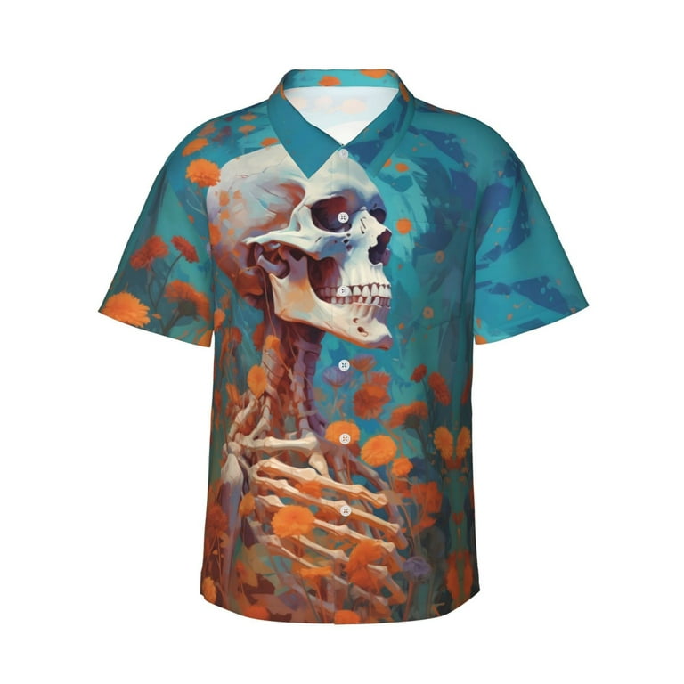 Hawaiian Shirts for Men - Artistic Orange Carnation Skull Mens 