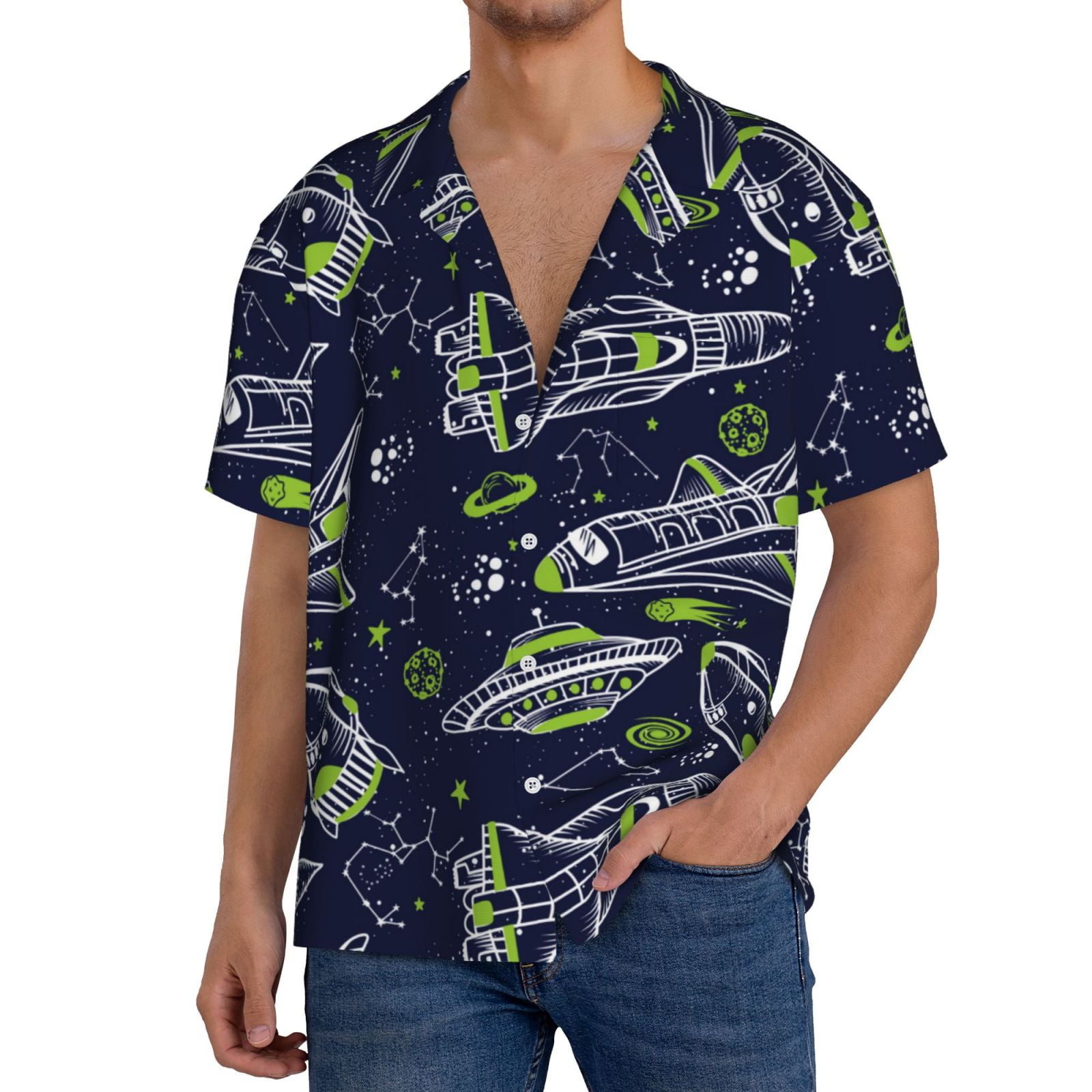 Hawaiian Shirts for Men, Hand Drawn Rockets Beach Summer Cuban Shirts ...