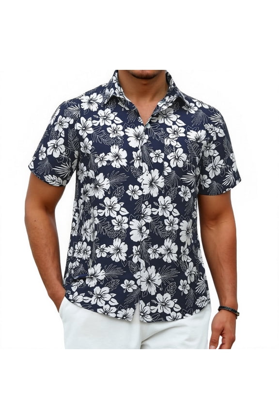 Hawaiian Shirts for Men Short Sleeve Button Down Aloha Shirts Beach Floral Shirt Navy Floal Leaf