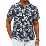 Hawaiian Shirts for Men Short Sleeve Button Down Aloha Shirts Summer Beach Floral Shirt Navy Tropical Leaf