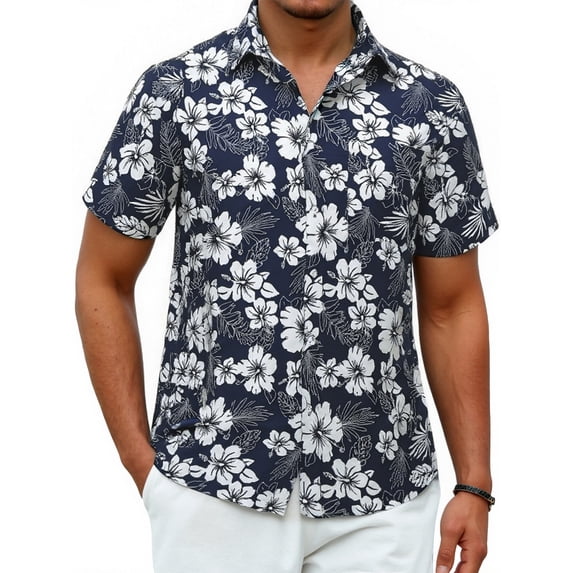 Hawaiian Shirts for Men Short Sleeve Button Down Aloha Shirts Summer Beach Floral Shirt Navy Tropical Leaf