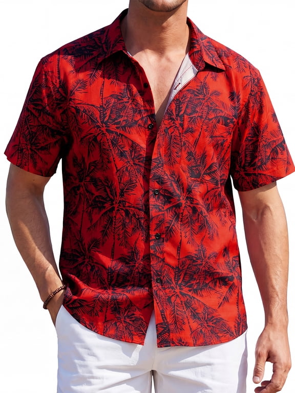 Hawaiian Shirts for Men Short Sleeve Casual Summer Beach Aloha Red Shirt Palm tree leaves T-Shirt
